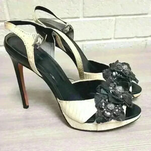 Rachel Roy Pumps Crystals Flowers Black Ivory Sandals Slingbacks Shoes 7.5 used